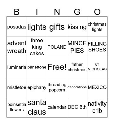 TRADITIONS AT CHRISTMAS Bingo Card