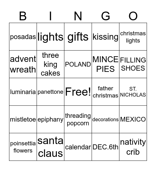 TRADITIONS AT CHRISTMAS Bingo Card