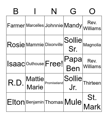 Sneed Family Bingo Card