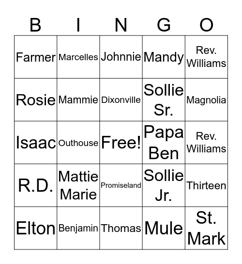 Sneed Family Bingo Card