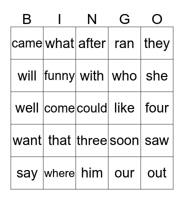 Sight Word Bingo Card