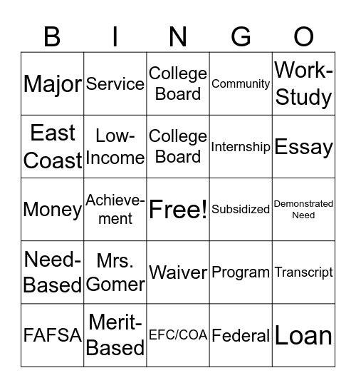 Financial Aid and Scholarship Bingo Card