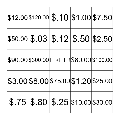 Money Math Bingo Card