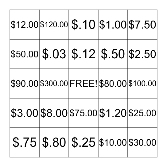 Money Math Bingo Card