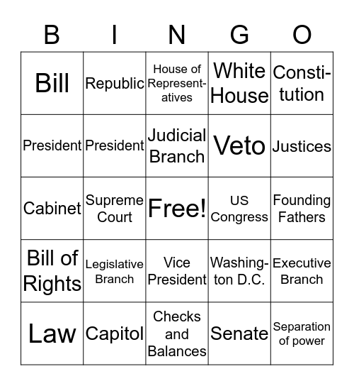 Branches of Government Bingo Card
