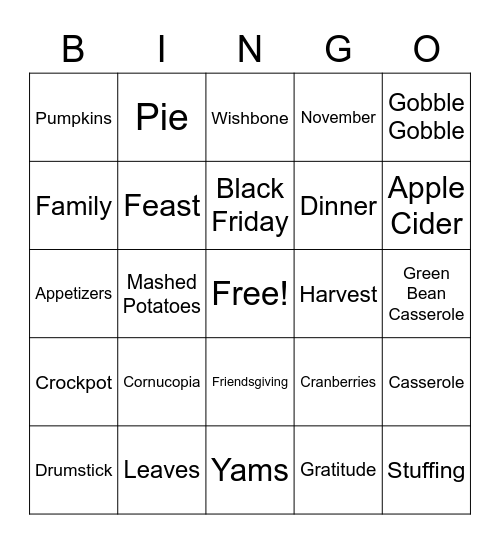 Turkey Bingo Card