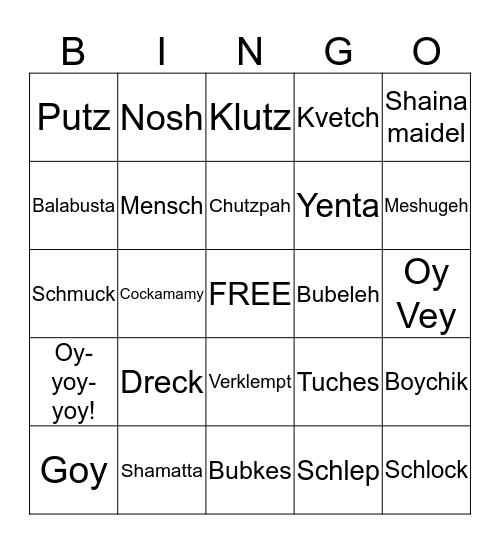 Yiddish Bingo Card
