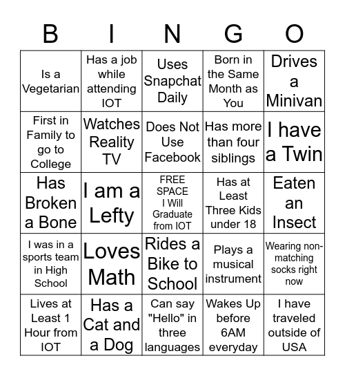 IOT STUDENT NETWORK Bingo Card