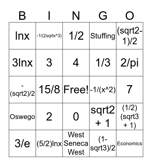 Trig Derivative and Integral Bingo Card