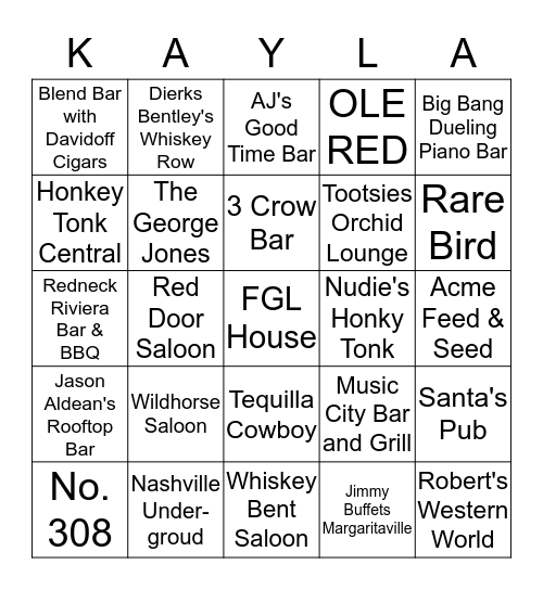 Nashville Bar Bingo Bingo Card