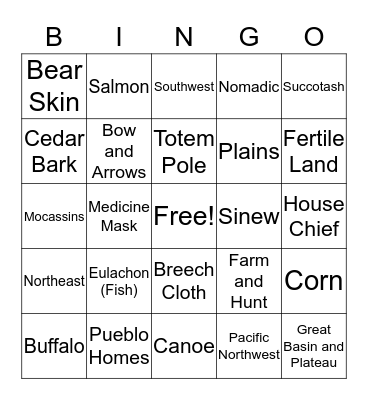 Native American/Fall Bingo Card