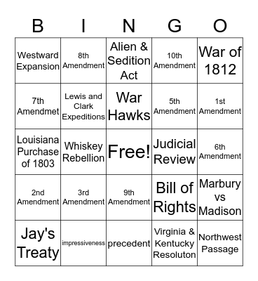 Unit 2 Test - 8th Grade U. S. History Bingo Card
