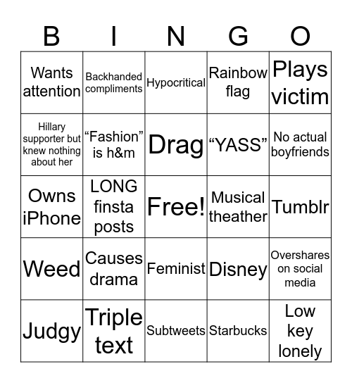 Egotistical Gay Bingo Card