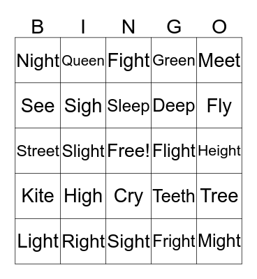Igh Words Bingo Card