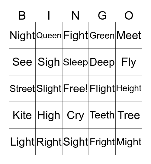 Igh Words Bingo Card