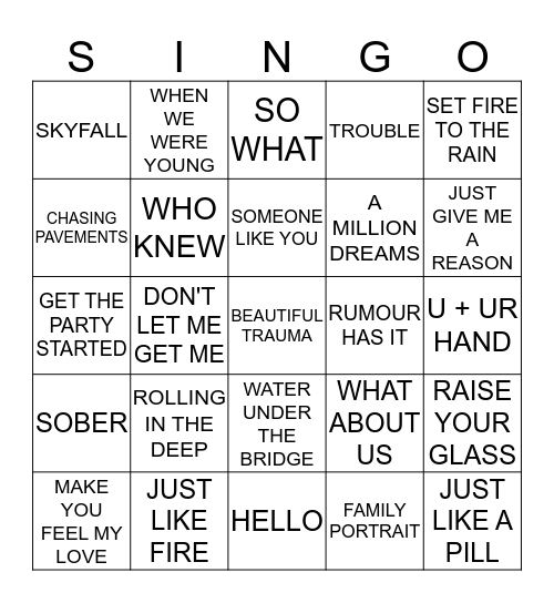 281 Adele v's Pink Bingo Card