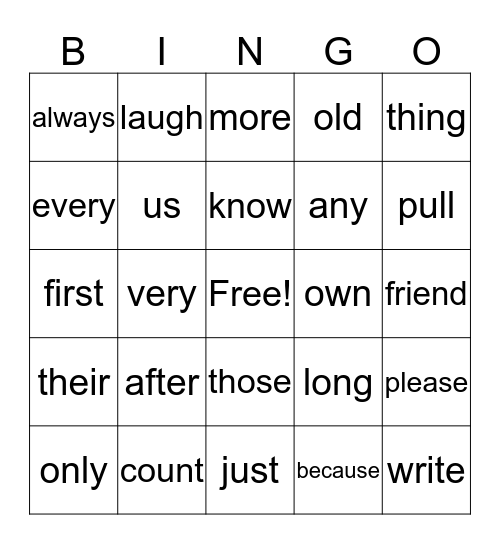 1B Tricky Words Bingo Card