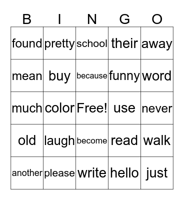 1B Tricky Words Bingo Card