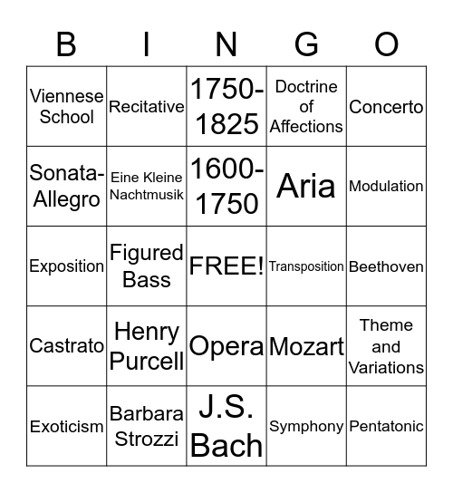 Baroque and Classical Bingo Card