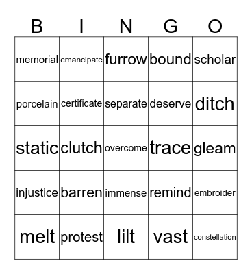 Brown Girl Dreaming Vocabulary  Bingo Card