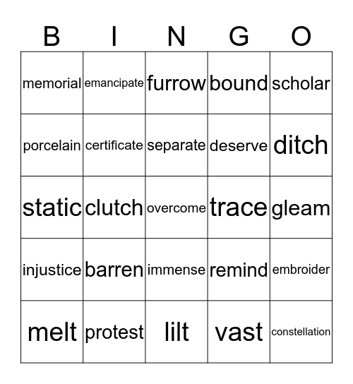 Brown Girl Dreaming Vocabulary  Bingo Card