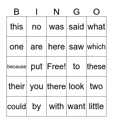 1st Grade Sight Words Bingo Card