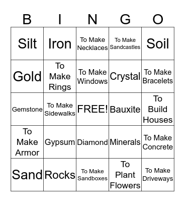 Earth Materials Bingo Card