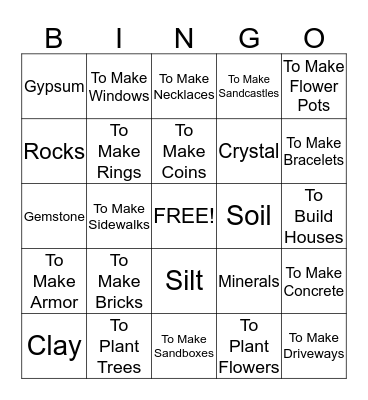 Earth Materials Bingo Card