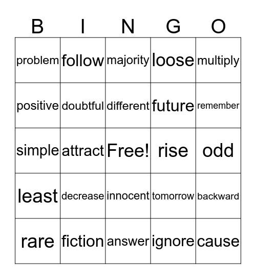 Antonyms Bingo Card