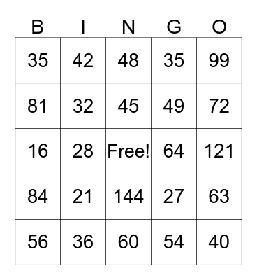 Multiplication Facts Bingo Card