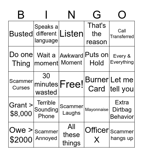 IRS/Grant Scammer Bingo Card