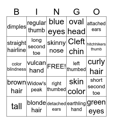 Inherited Traits Bingo Card