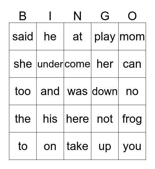Sight Words Bingo Card