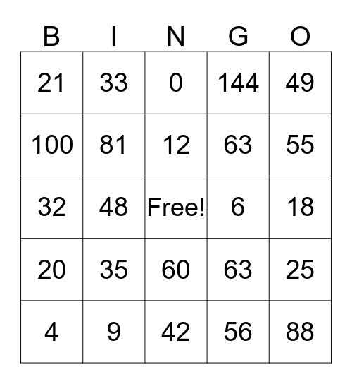 multiplication Bingo Card