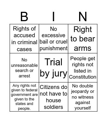 Ten Amendment Bingo Card