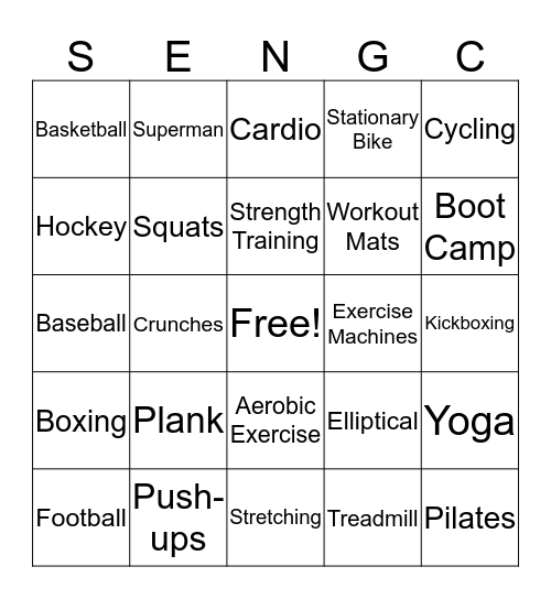 Physical Exercise Bingo Card