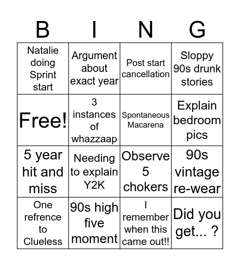 90s Thingies Bingo Card