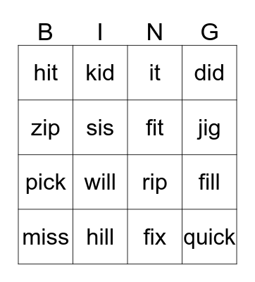 Short i Bingo Card