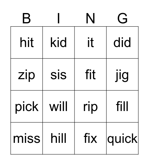 Short i Bingo Card