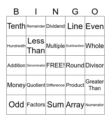 Math Common Core Vocabulary Bingo Card