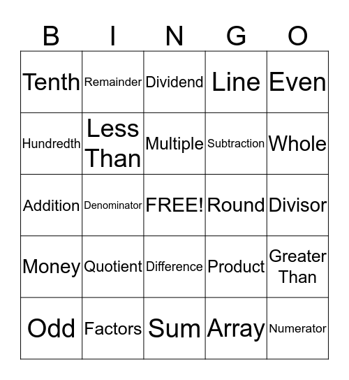Math Common Core Vocabulary Bingo Card