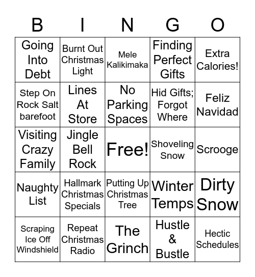 Pains of Christmas Bingo Card