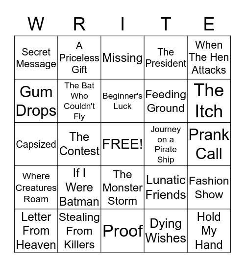 Creative Writing Grid Bingo Card