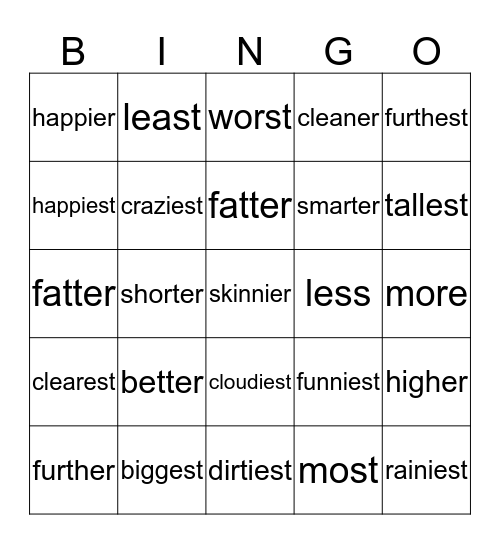 Comparatives & Superlatives Bingo Card