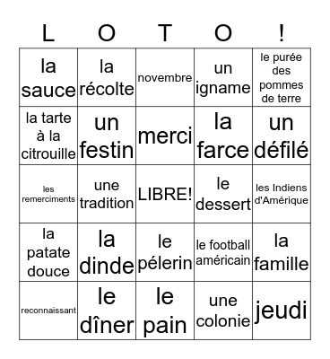 Thanksgiving en français Bingo Card