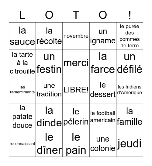 Thanksgiving en français Bingo Card