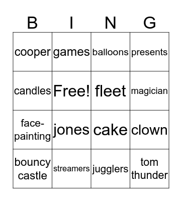 Party Time Bingo Card