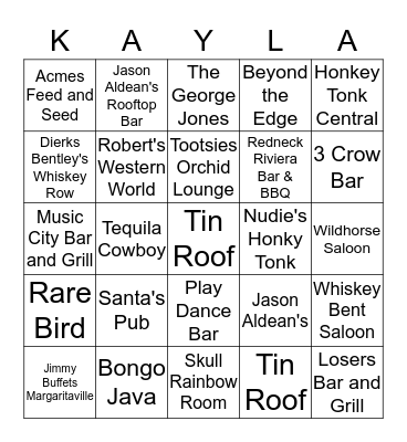 Nashville Bar Bingo  Bingo Card