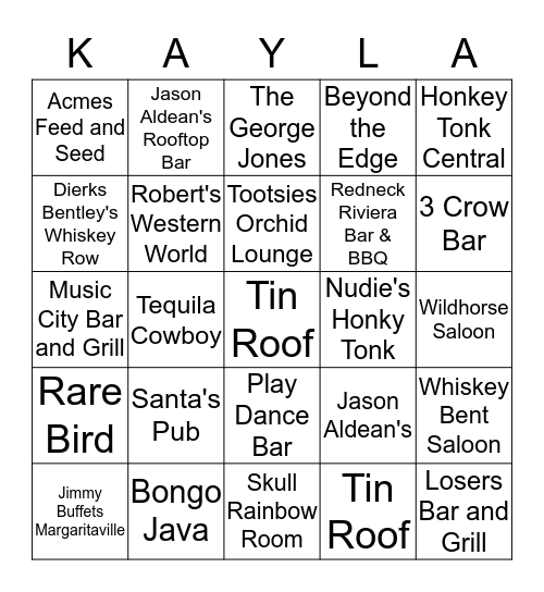 Nashville Bar Bingo  Bingo Card