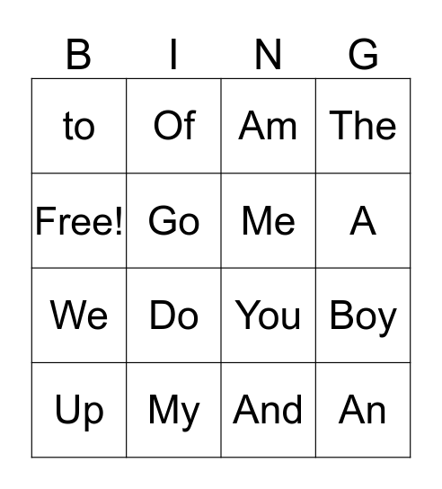 Sight Word Bingo Card